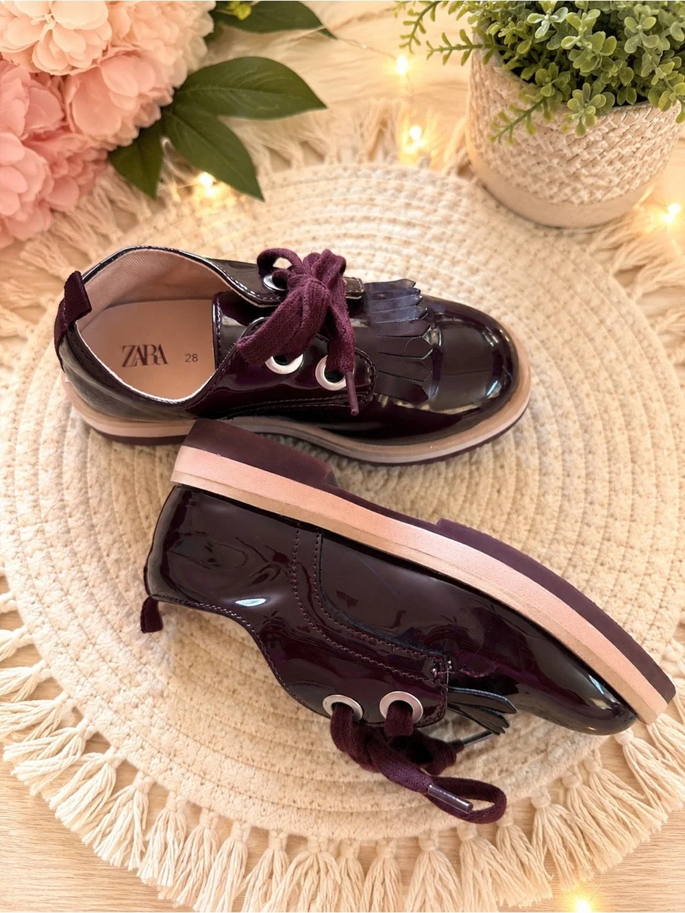 Zara kids Patent Leather Lace-Up Shoes in Deep Burgundy NWOT $39 MSRP